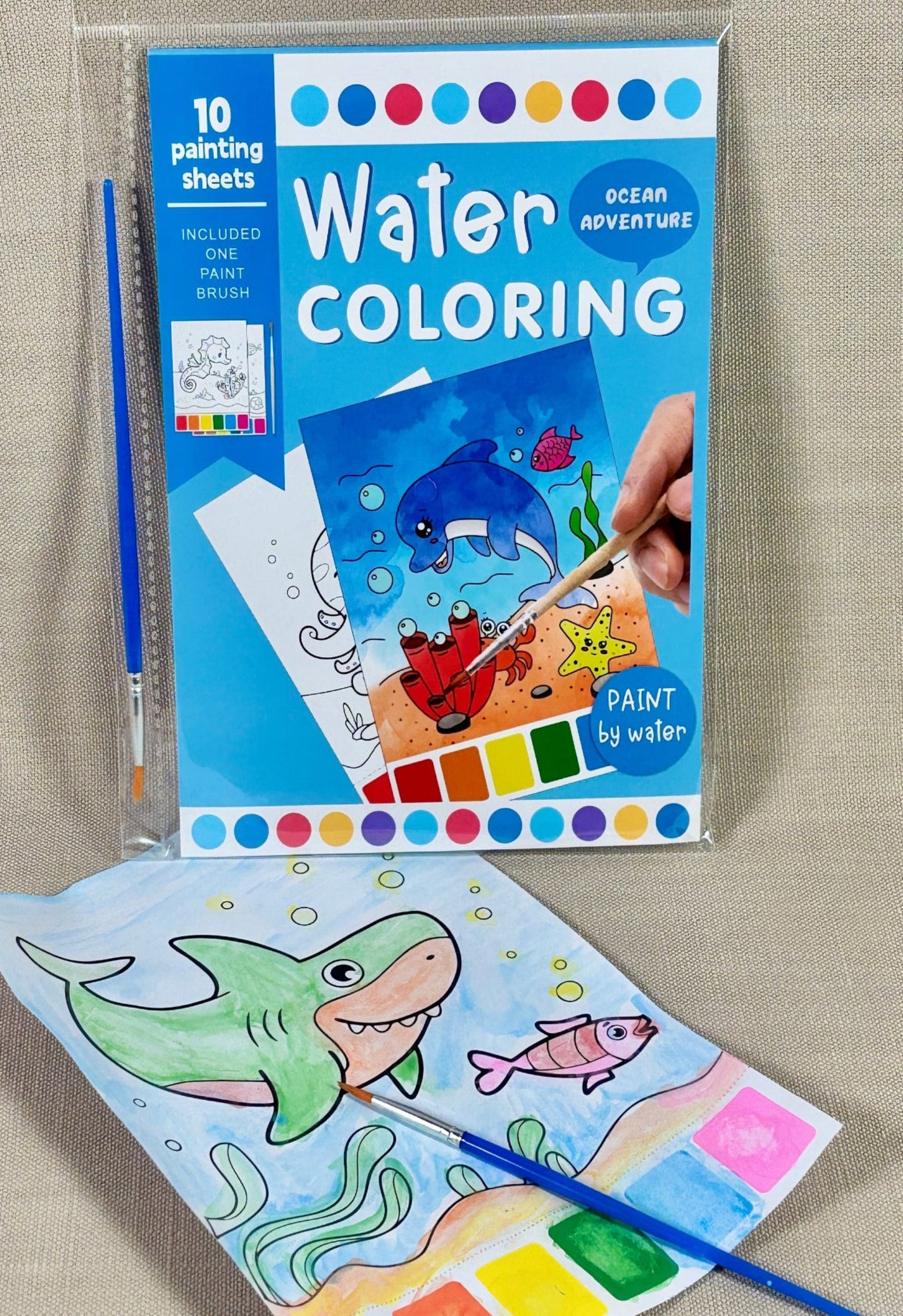 Water coloring kit with coloring sheets and paintbrush