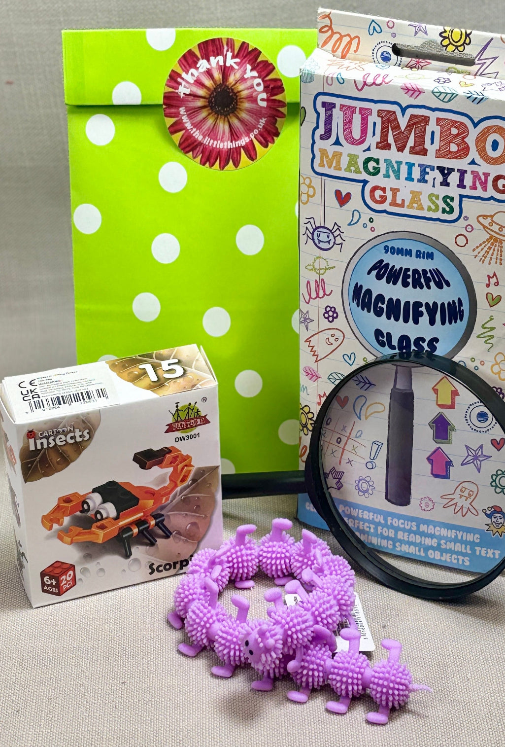 Green spotty paper party bag with flower sticker. Included a magnifying glass, insect bricks and a stretchy caterpillar.