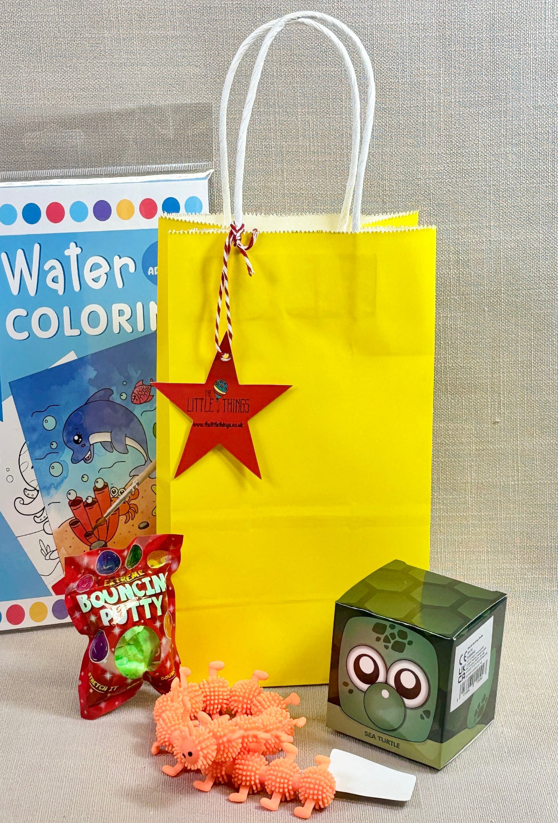 Yellow gift bag with star tag, comes with a paining book, brick set, stretchy caterpillar and bouncy putty.