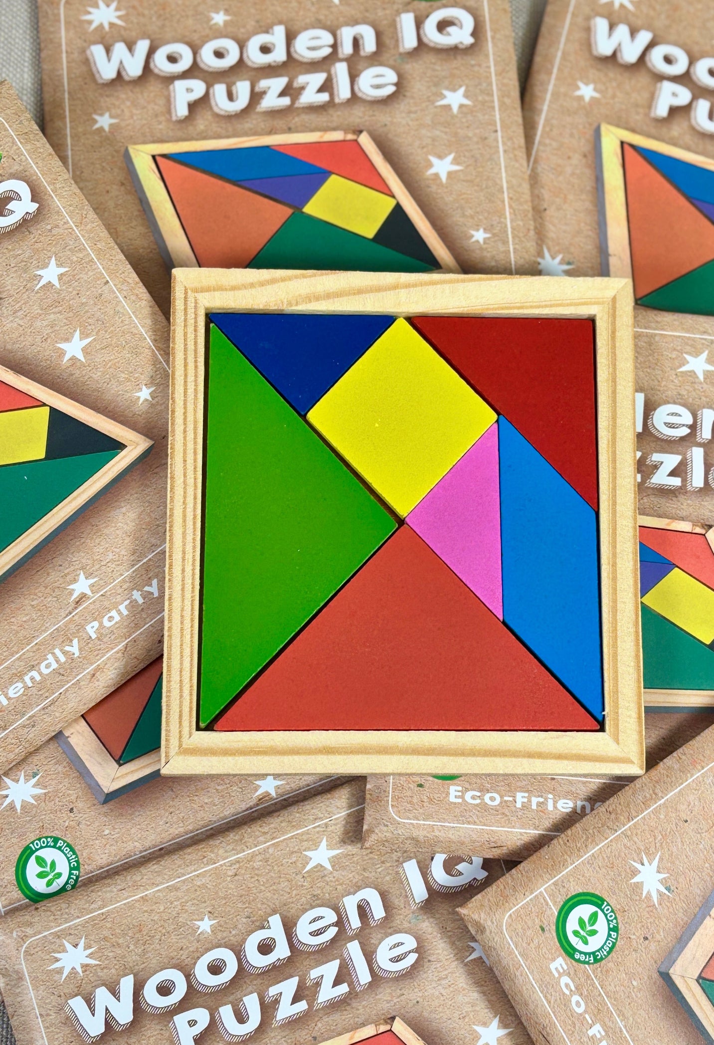 Wooden IQ puzzle with colorful triangles.