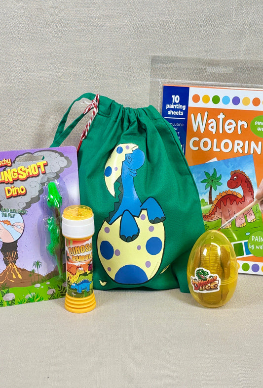 Dinosaur-themed children's activity set with a green drawstring bag, water coloring book, and toys on a gray background.