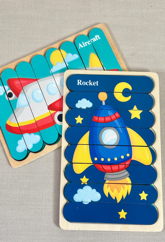 Children's educational puzzle with a rocket design on a textured surface