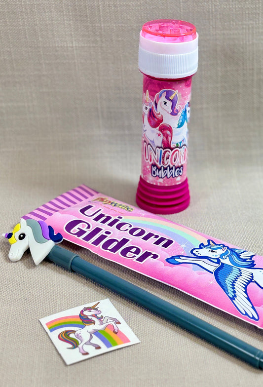 nicer party bag filler kit. Includes, bubbles, glider, tattoo and a pen. 