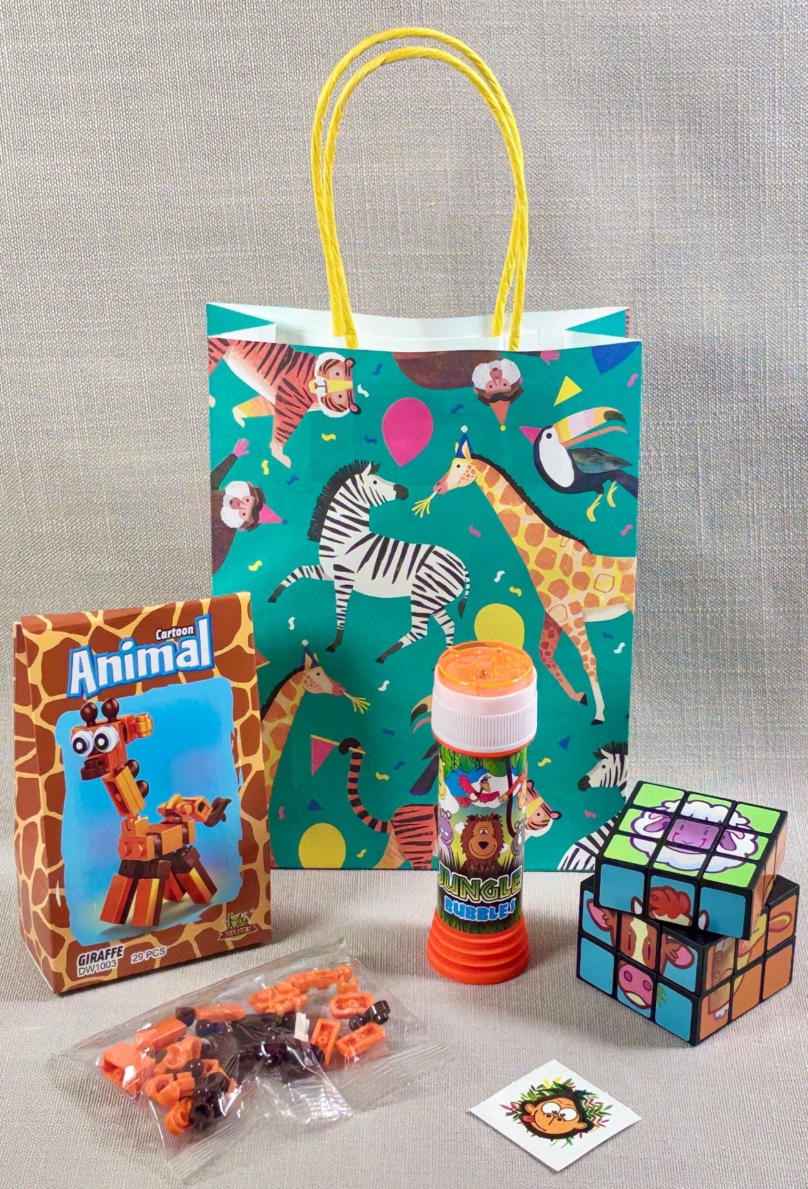 Animal Party bag with bricks, bubbles, Rubik's cube and tattoo. 