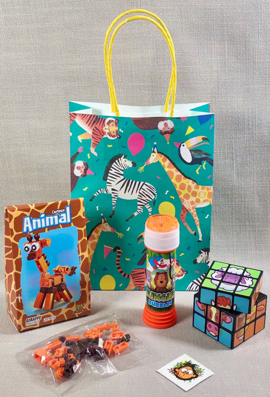 Animal Party bag with bricks, bubbles, Rubik's cube and tattoo. 