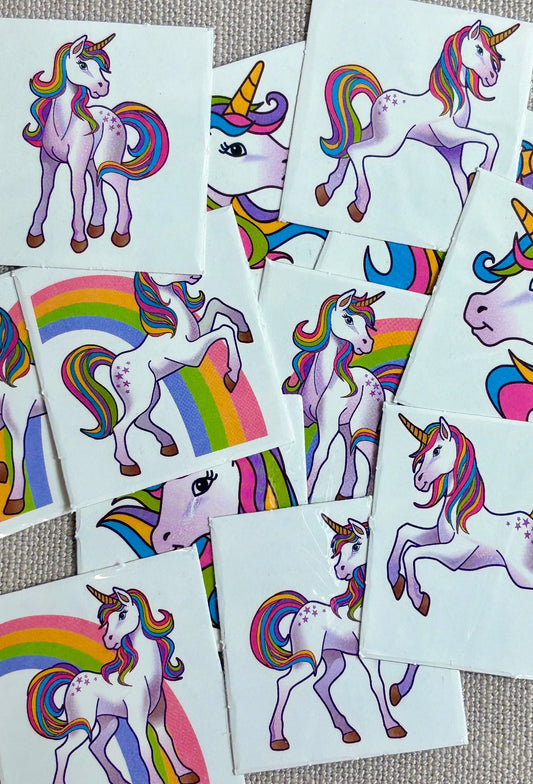 Collection of unicorn-themed temporary tattoos.