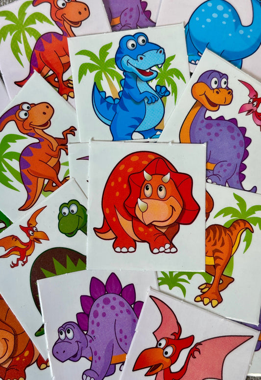 Collection of colorful dinosaur tattoos on a white background