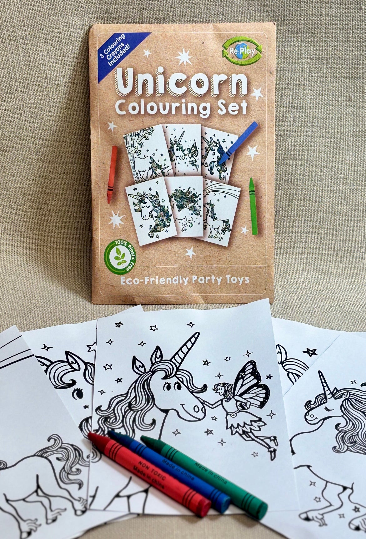 Unicorn colouring set with colouring pages and crayons, eco friendly.