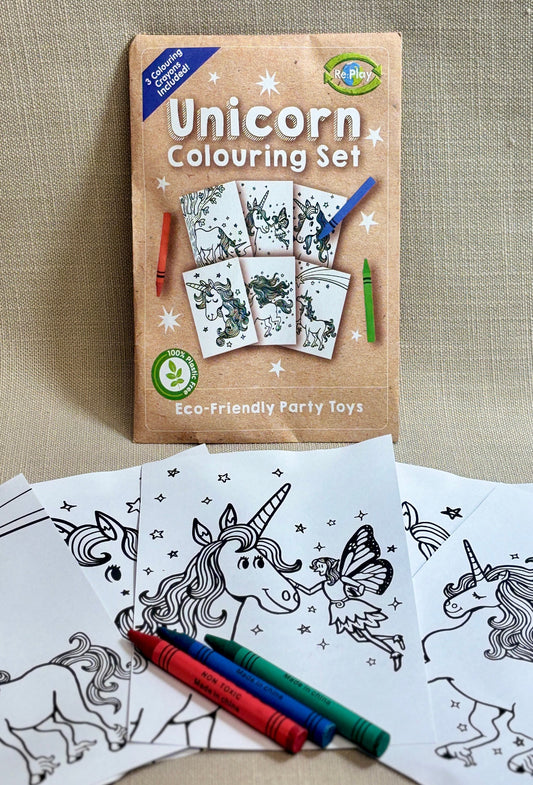 Unicorn colouring set with colouring pages and crayons, eco friendly.